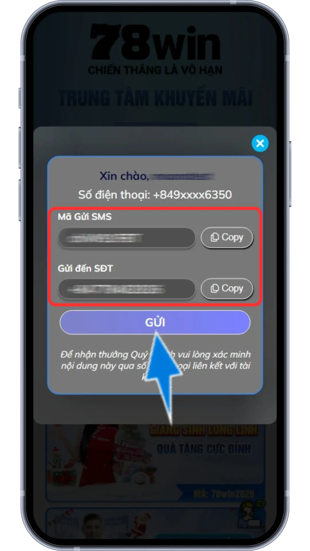 Bước 5: Chọn "Gửi" để gửi tin nhắn tới số điện thoại của hệ thống